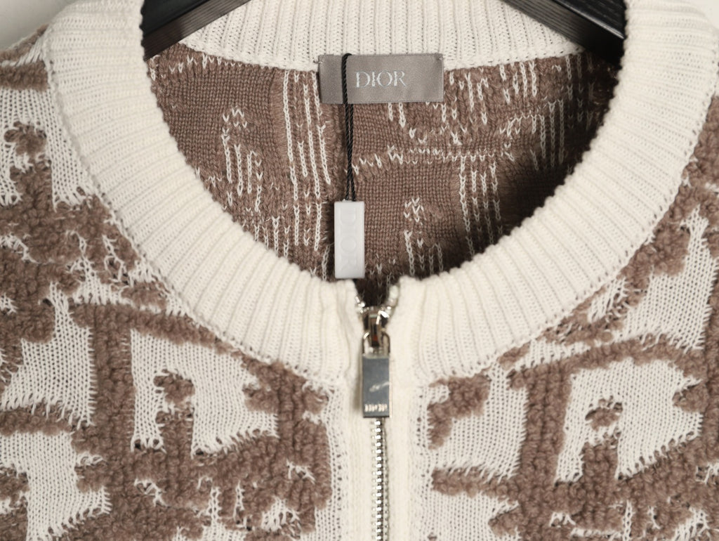 Dior CD Oblique Pattern Zip-Front Knit Cardigan - Beige