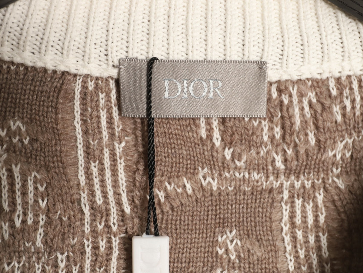 Dior CD Oblique Pattern Zip-Front Knit Cardigan - Beige