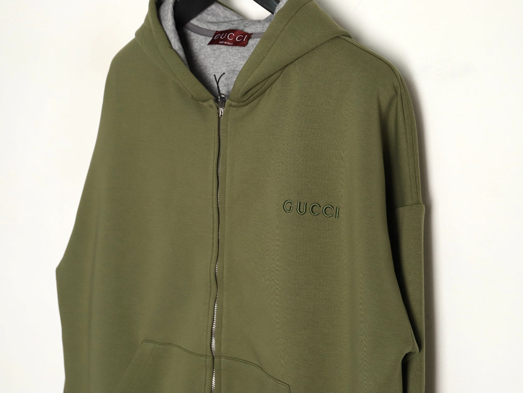 Gucci Small-Slogan Full-Zip Hoodie - Olive Green