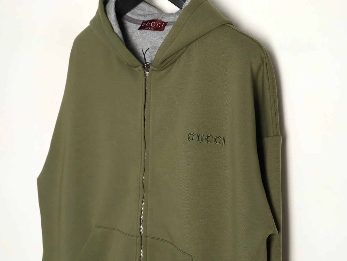 Gucci Small-Slogan Full-Zip Hoodie - Olive Green