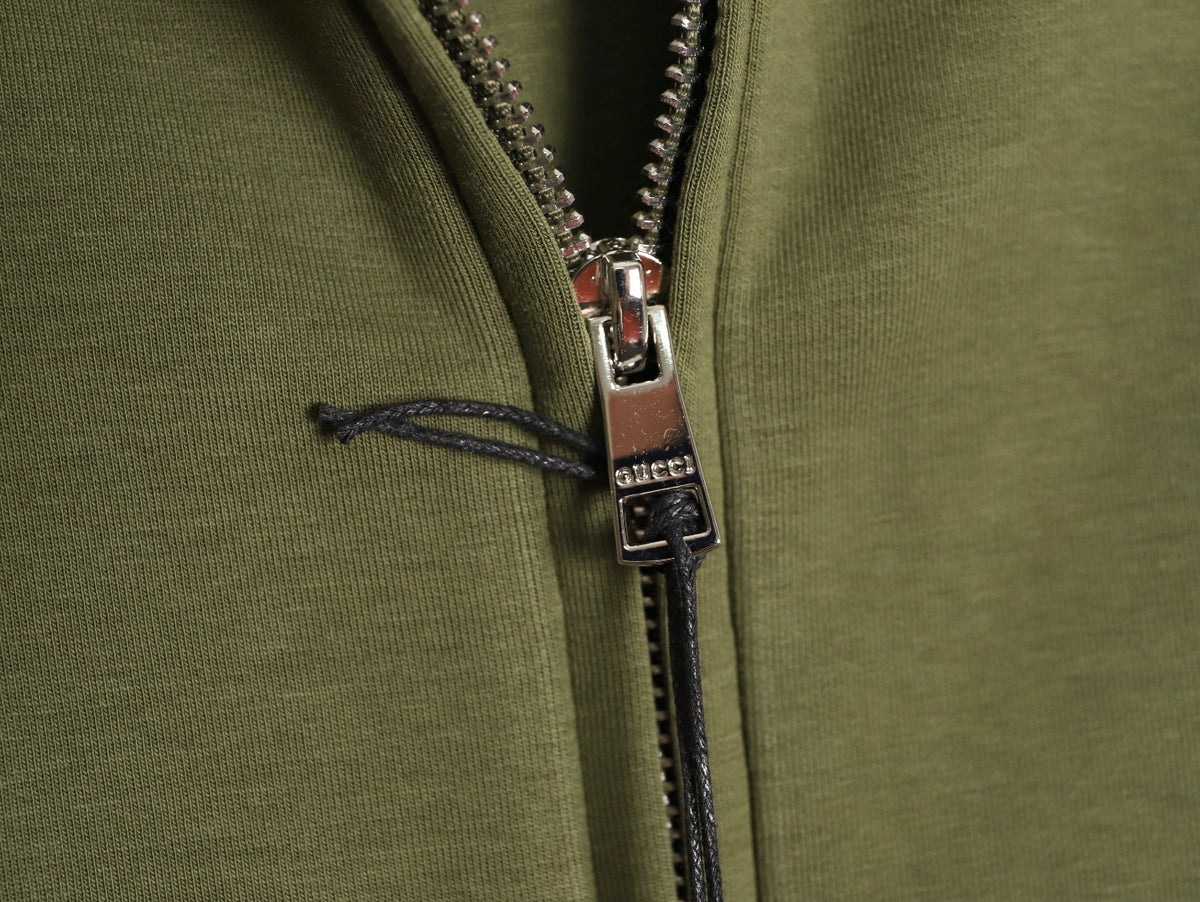 Gucci Small-Slogan Full-Zip Hoodie - Olive Green