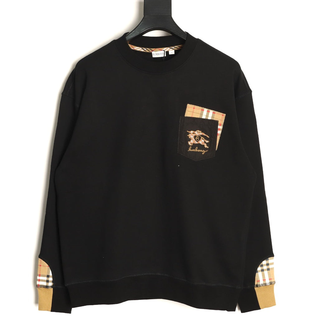 Burberry Black Check-Trim Embroidered Pocket Crewneck Sweatshirt