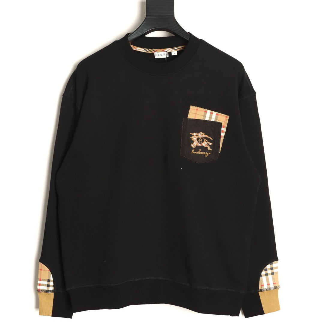 Burberry Black Check-Trim Embroidered Pocket Crewneck Sweatshirt