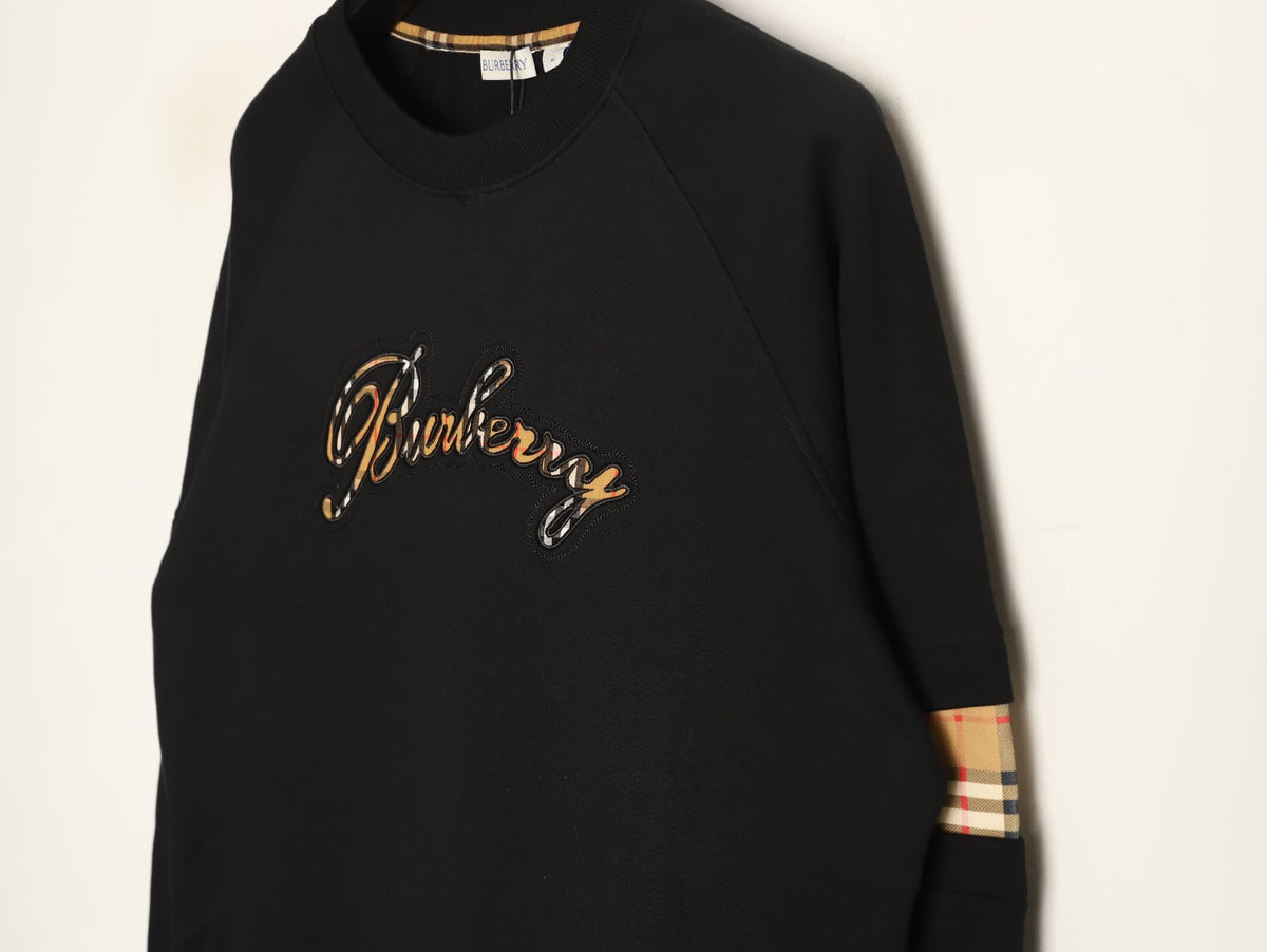 Burberry 26FW Black Signature Embroidered Check-Panel Crewneck Sweatshirt
