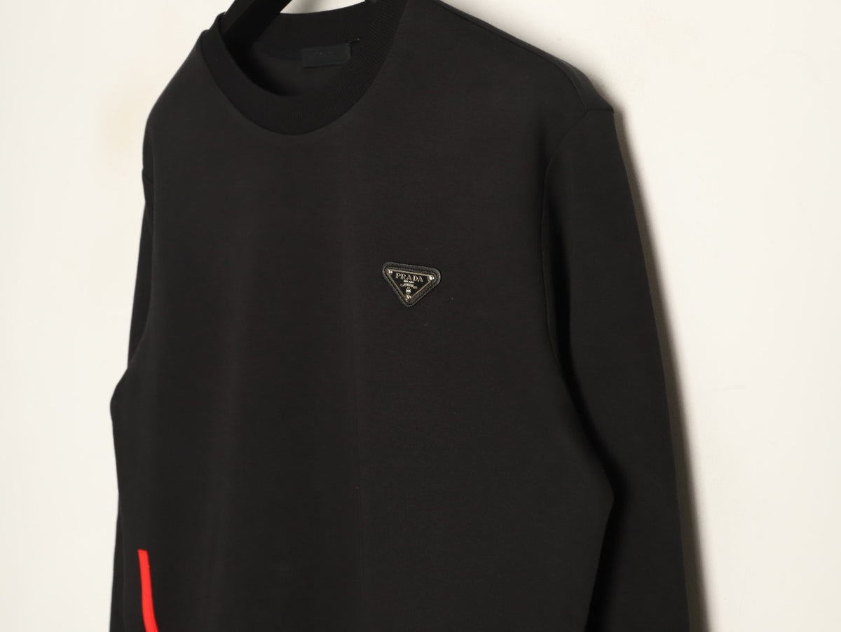 Prada Black Triangle-Detail Crewneck Sweatshirt with Red Silicone Trim