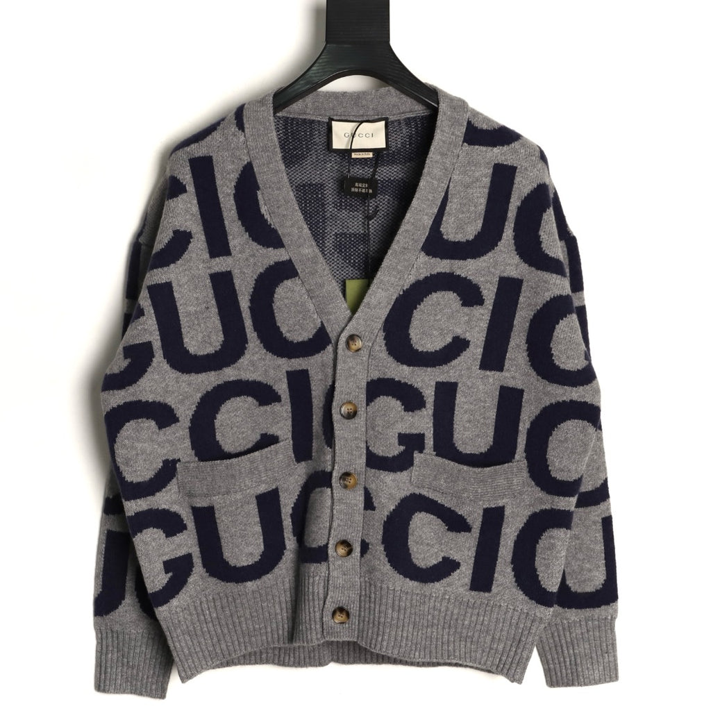 Gucci 24SS Gray Allover Letter Intarsia Cardigan