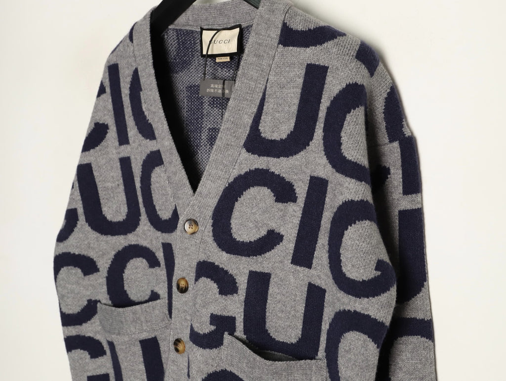 Gucci 24SS Gray Allover Letter Intarsia Cardigan