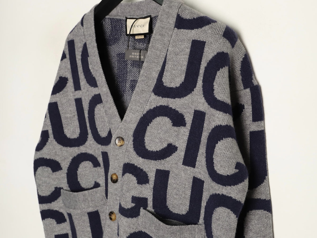 Gucci 24SS Gray Allover Letter Intarsia Cardigan