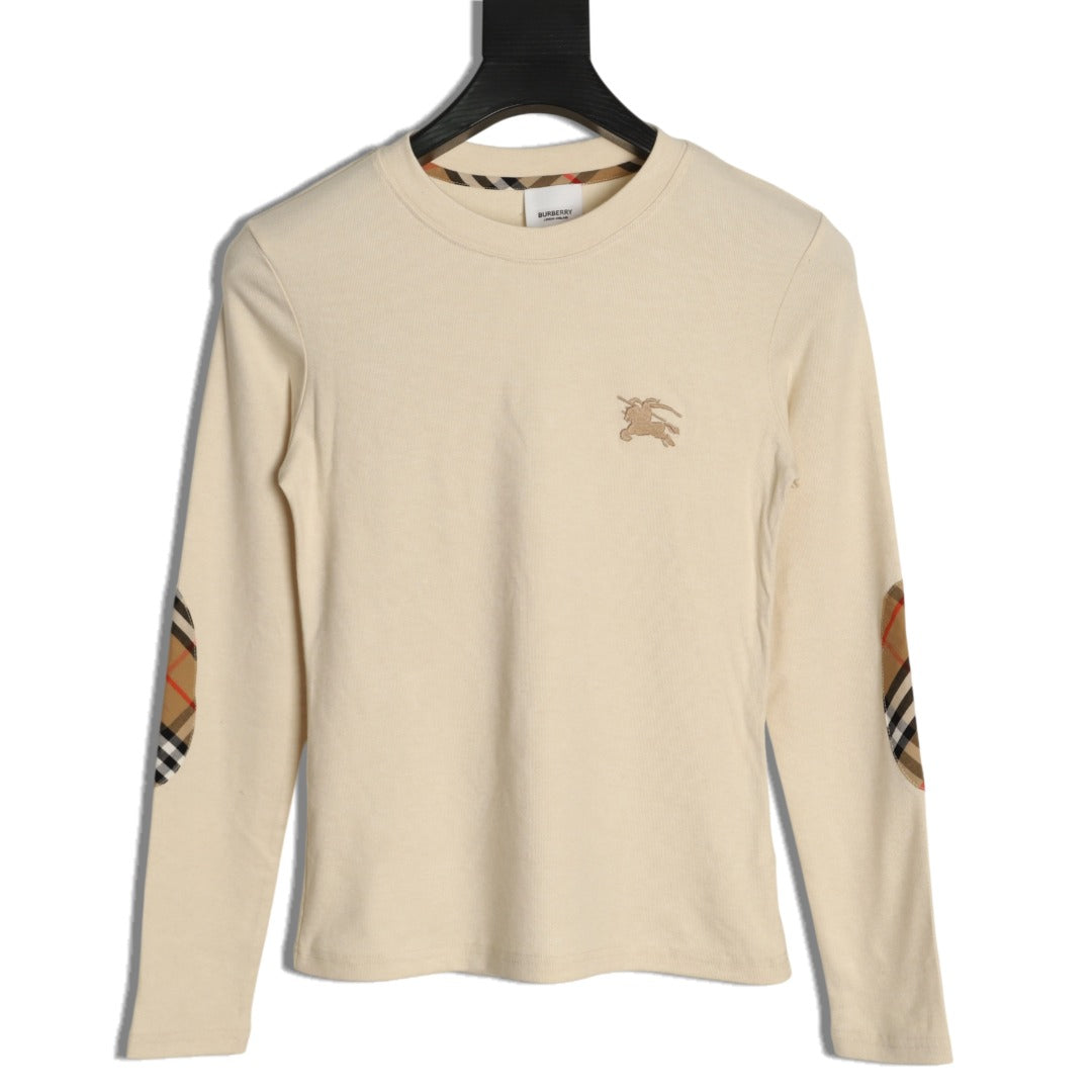 Burberry Equestrian-Detail Check Elbow-Patch Long-Sleeve Top - Cream