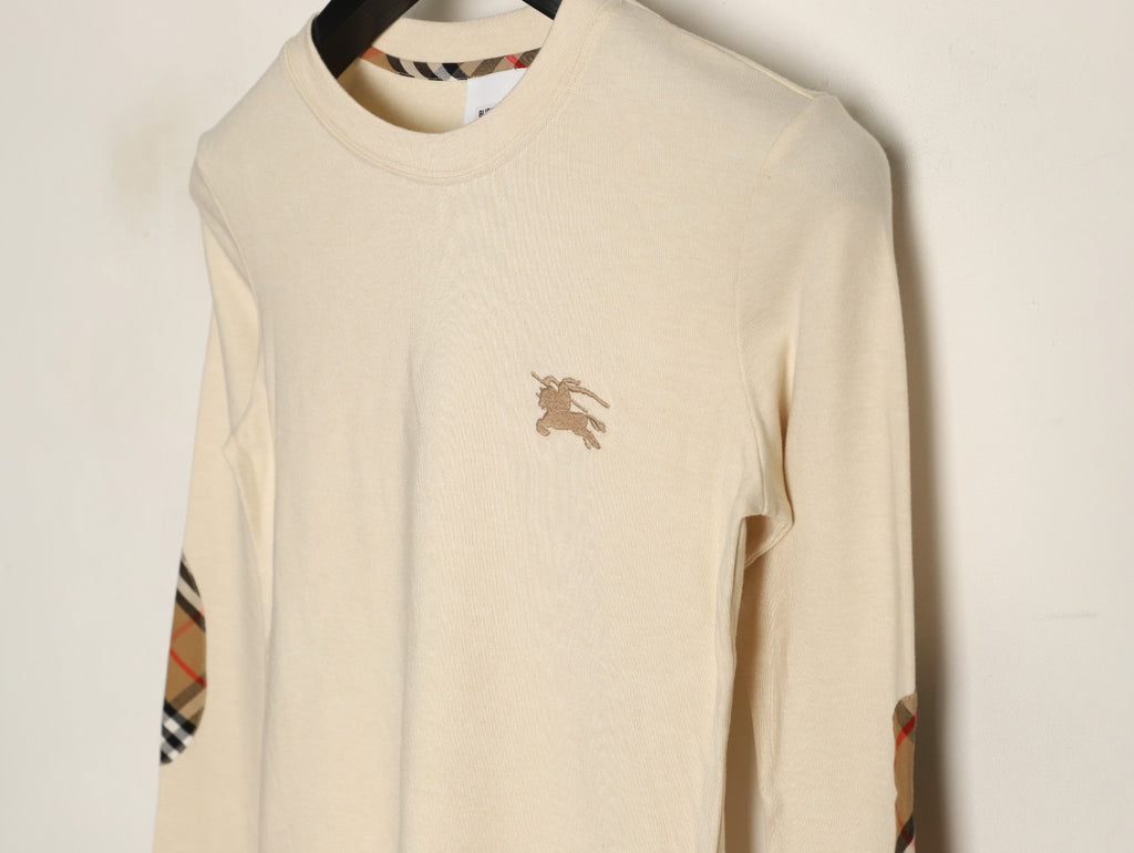 Burberry Equestrian-Detail Check Elbow-Patch Long-Sleeve Top - Cream