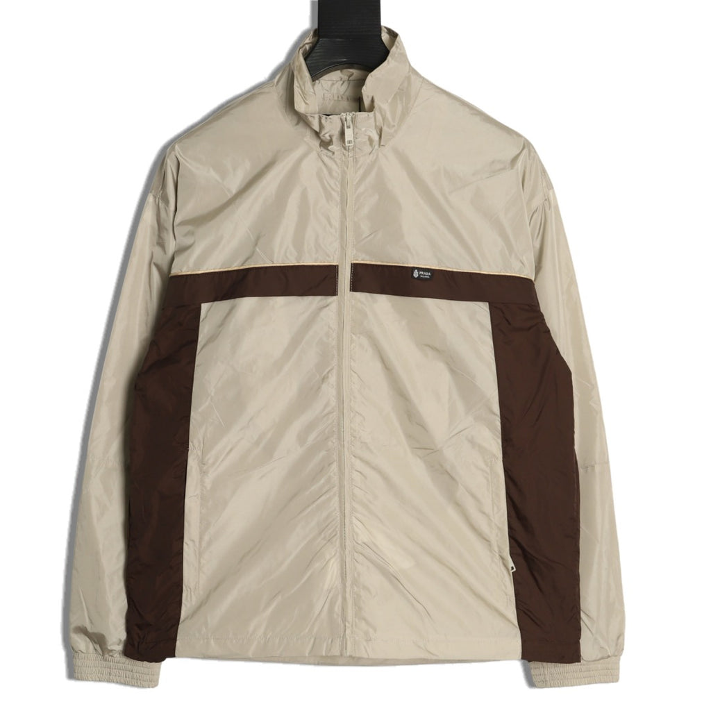 Prada Logo-Detail Colorblock Zip Jacket - Beige and Brown