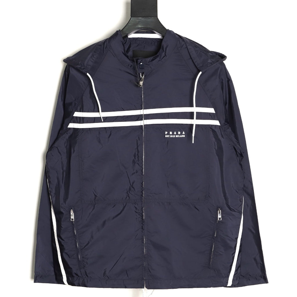 Prada Logo-Detail Contrast-Stripe Hooded Zip Jacket - Navy
