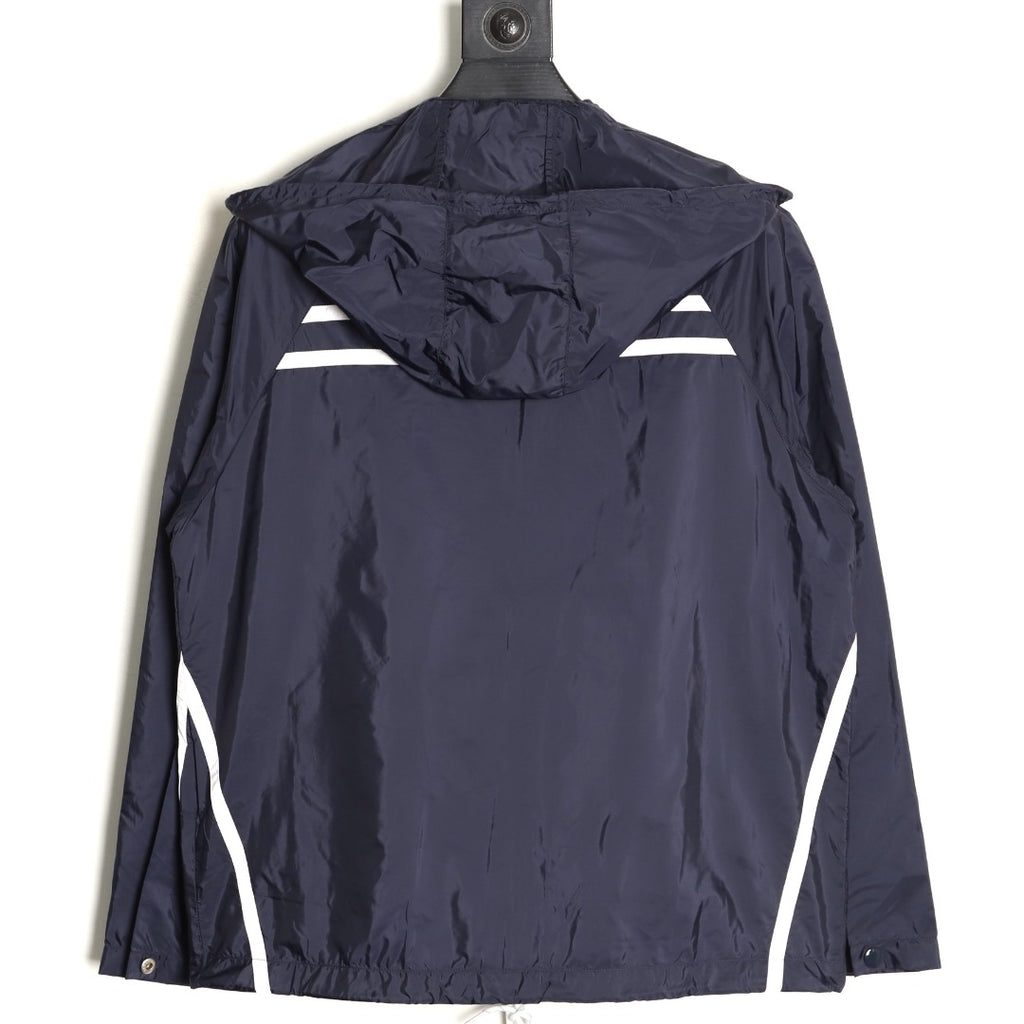 Prada Logo-Detail Contrast-Stripe Hooded Zip Jacket - Navy