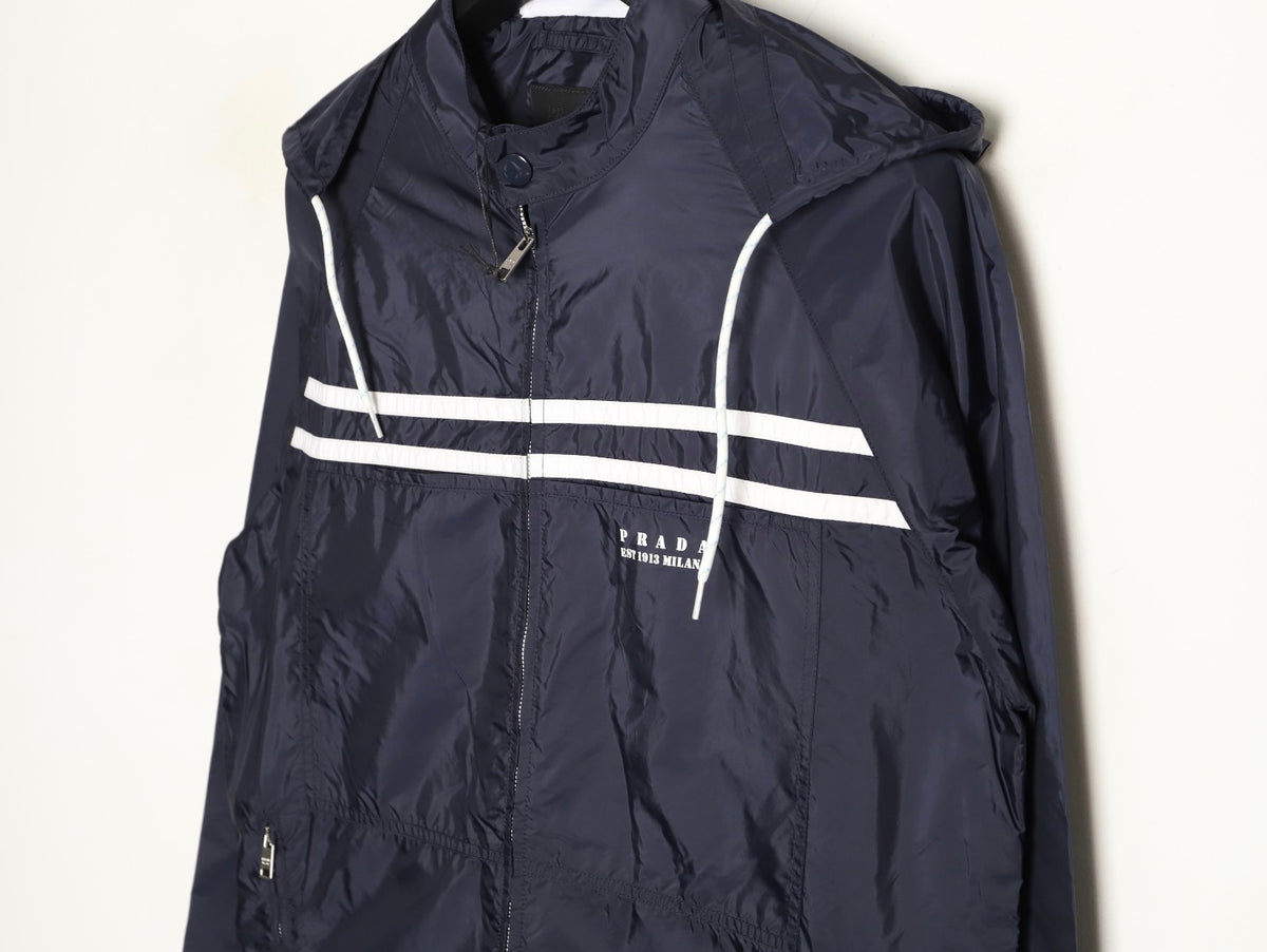 Prada Logo-Detail Contrast-Stripe Hooded Zip Jacket - Navy
