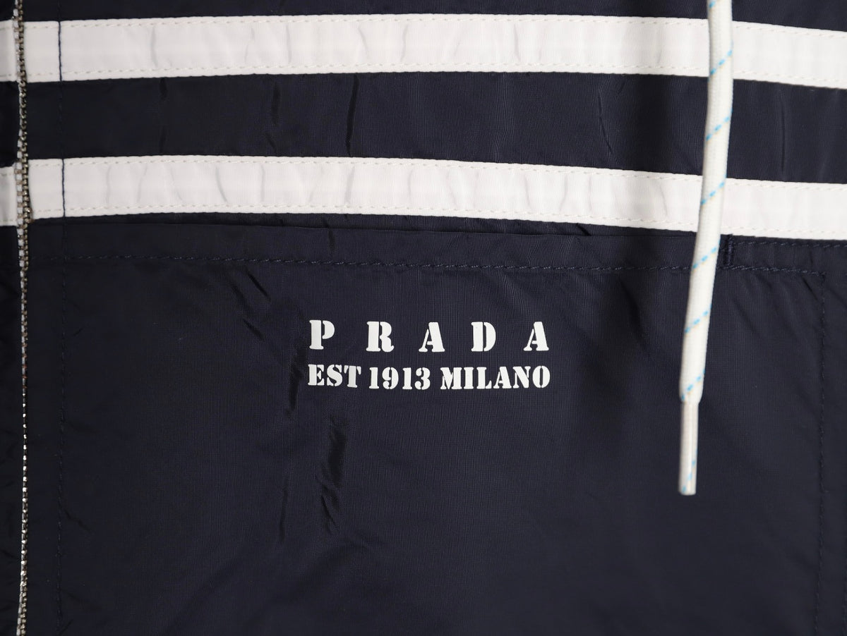 Prada Logo-Detail Contrast-Stripe Hooded Zip Jacket - Navy