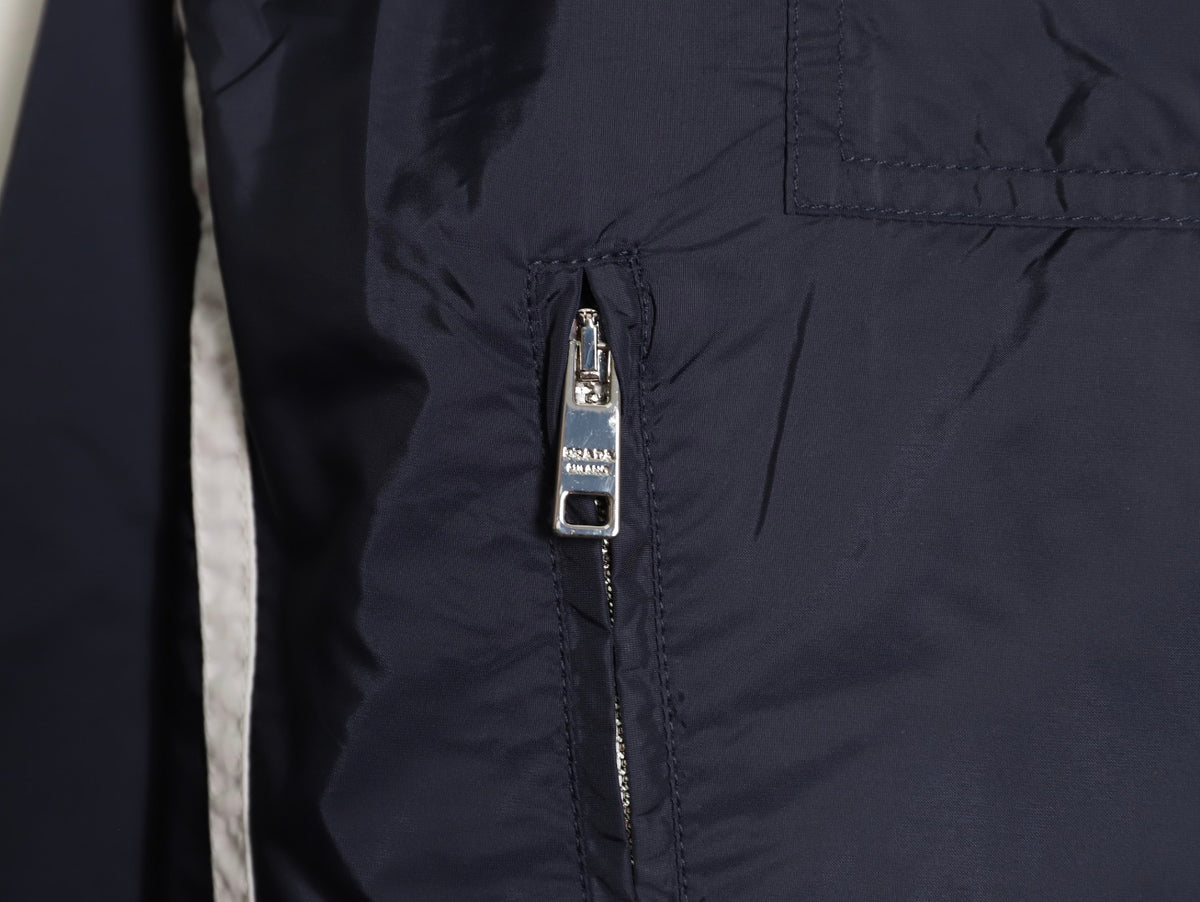Prada Logo-Detail Contrast-Stripe Hooded Zip Jacket - Navy