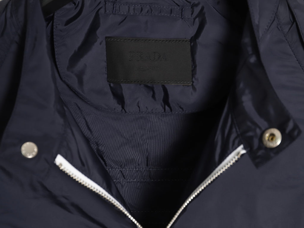 Prada Logo-Detail Contrast-Stripe Hooded Zip Jacket - Navy