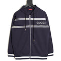 Gucci Chest-Logo Contrast-Stripe Hooded Zip Jacket - Navy
