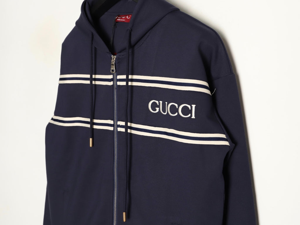 Gucci Chest-Logo Contrast-Stripe Hooded Zip Jacket - Navy