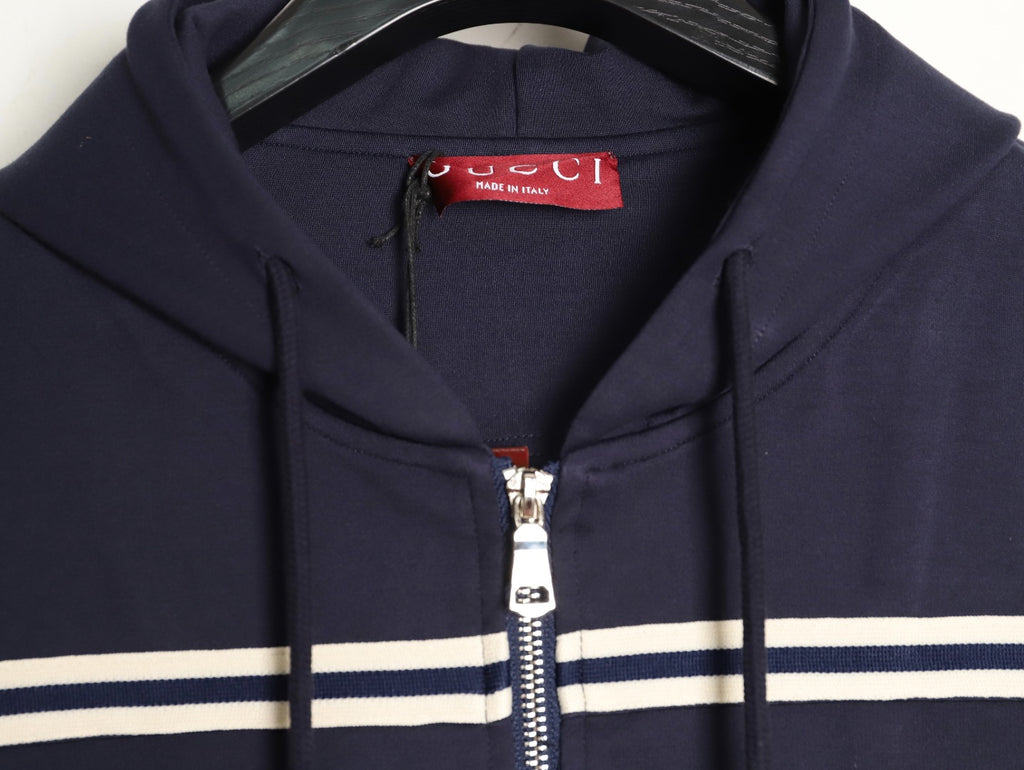 Gucci Chest-Logo Contrast-Stripe Hooded Zip Jacket - Navy