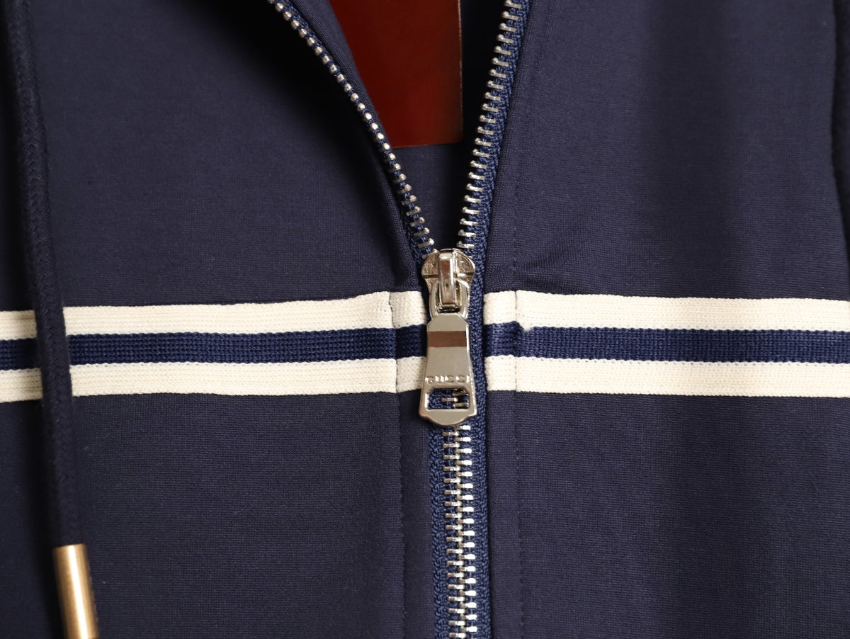 Gucci Chest-Logo Contrast-Stripe Hooded Zip Jacket - Navy