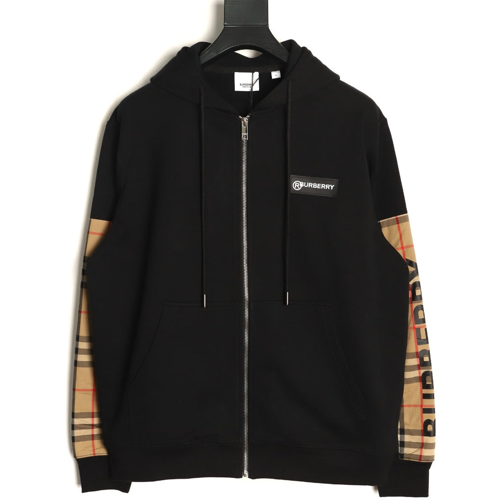 Burberry Logo-Detail Check-Panel Hooded Zip Jacket - Black