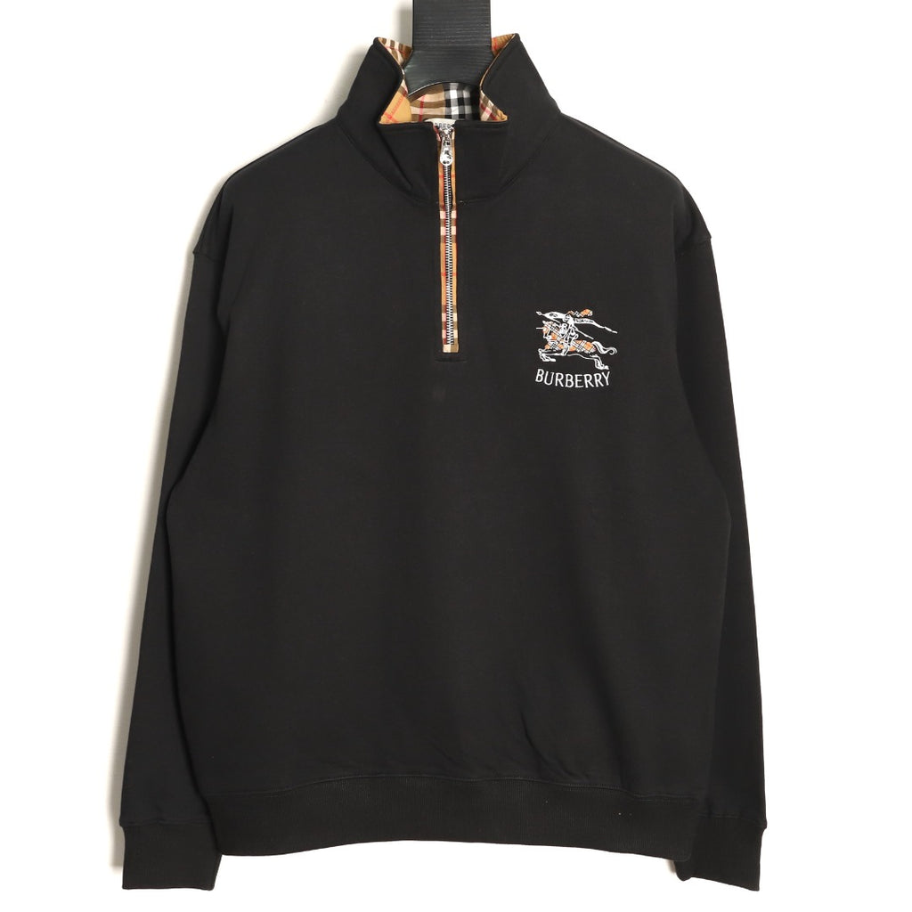 Burberry Equestrian-Detail Collared Half-Zip Sweatshirt - Black
