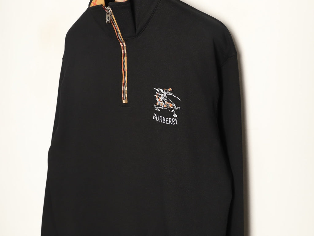 Burberry Equestrian-Detail Collared Half-Zip Sweatshirt - Black