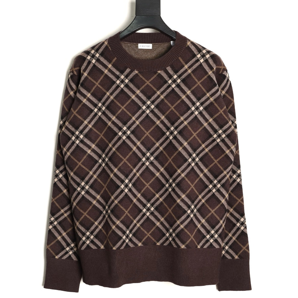 Burberry Diagonal-Check Crewneck Sweater - Dark Brown