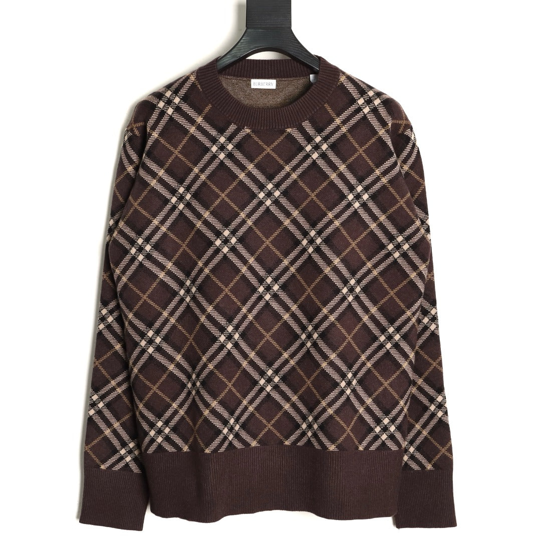 Burberry Diagonal-Check Crewneck Sweater - Dark Brown