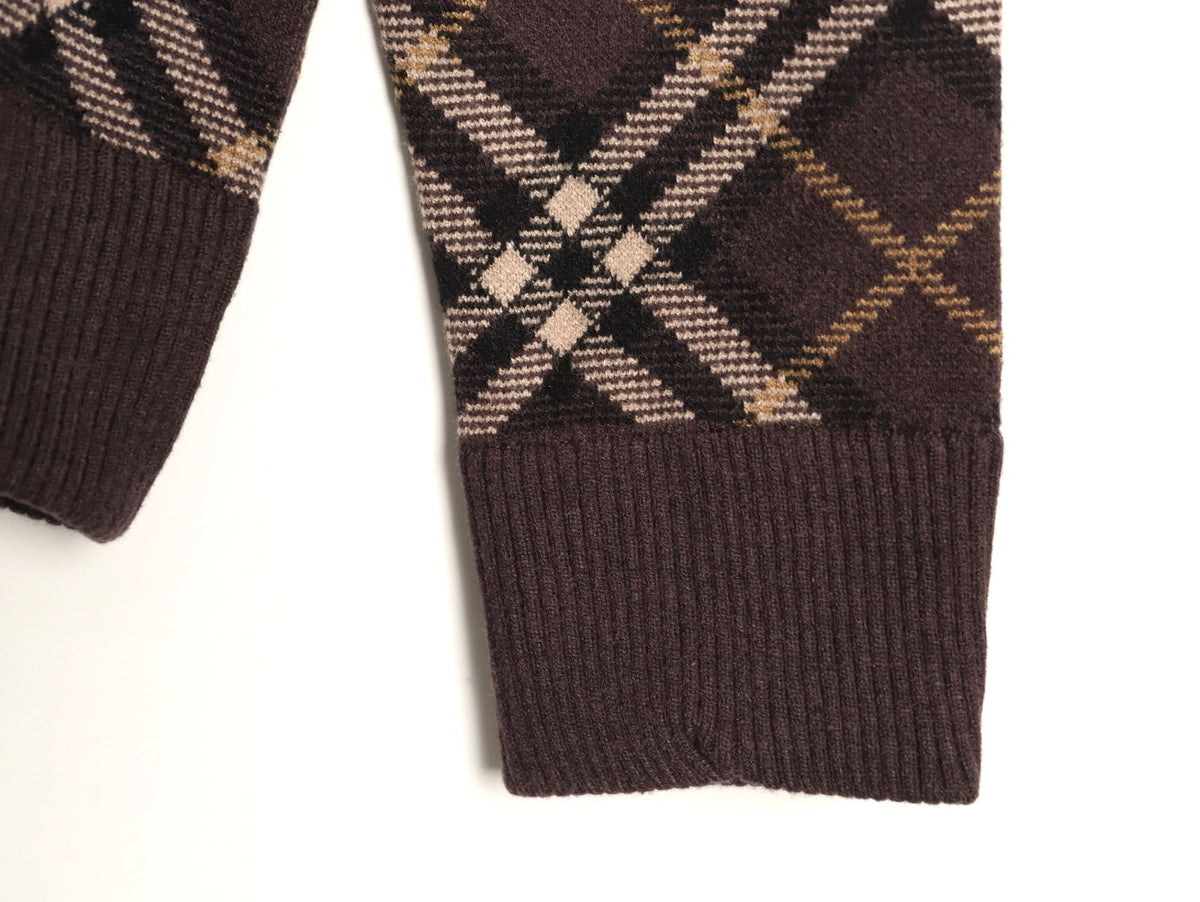Burberry Diagonal-Check Zip Knit Cardigan - Dark Brown