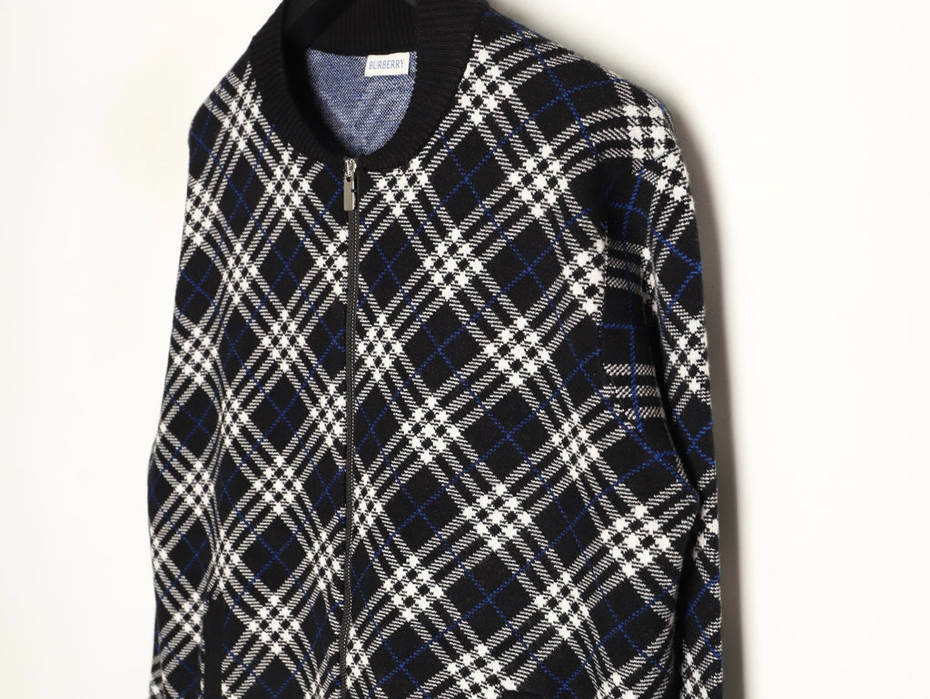 Burberry Diagonal-Check Zip Knit Cardigan - Black