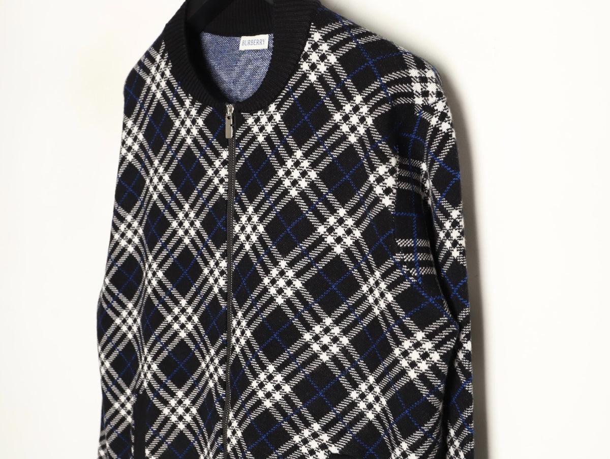 Burberry Diagonal-Check Zip Knit Cardigan - Black