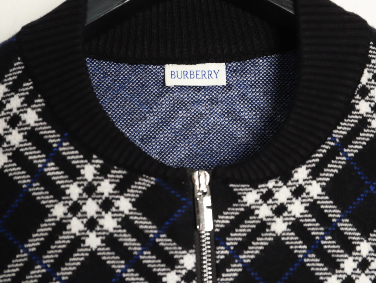 Burberry Diagonal-Check Zip Knit Cardigan - Black