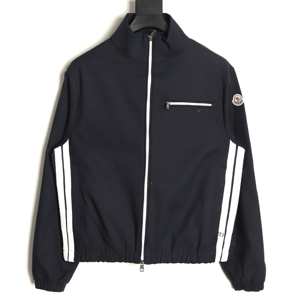 Moncler White-Stripe Stand-Collar Zip Jacket - Black