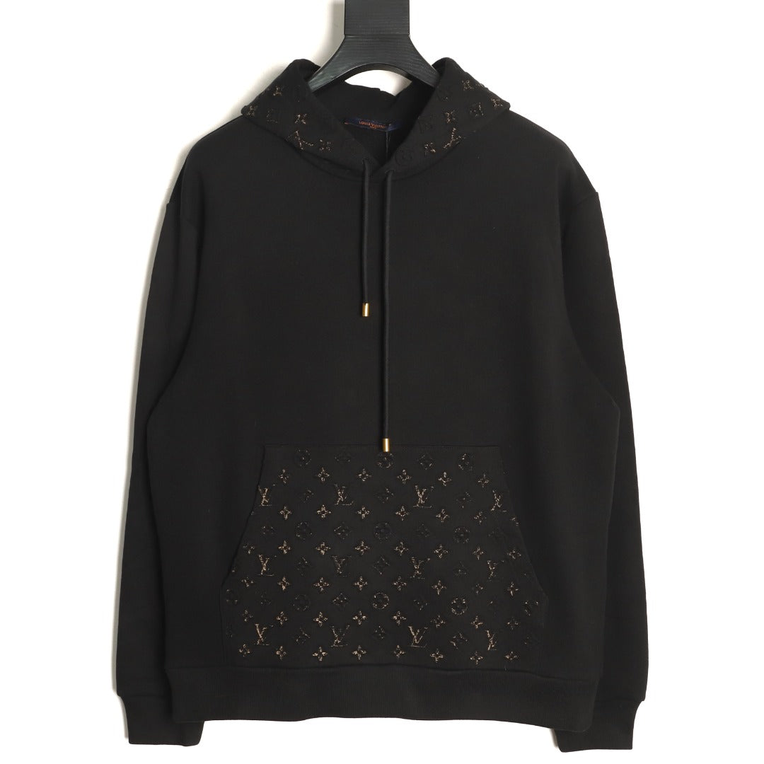 Louis Vuitton Monogram-Style Hood and Pocket Pullover Hoodie - Black