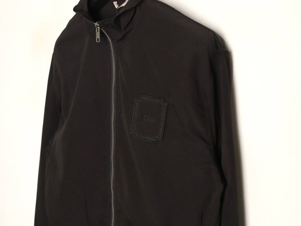 Dior Tonal Chest-Badge Stand-Collar Zip Jacket - Black
