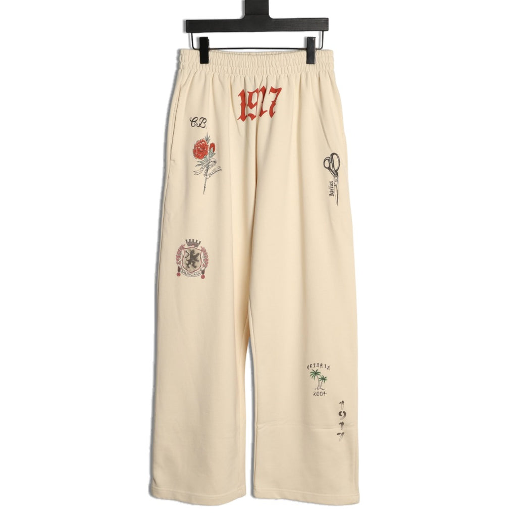 Balenciaga Tattoo-Style Graphic Wide-Leg Trousers - Cream