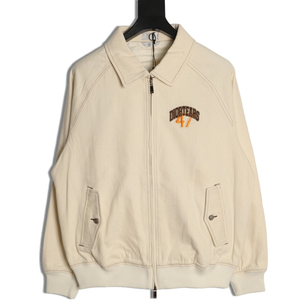 Dior 47 Lettering Collared Zip Varsity Jacket - Cream