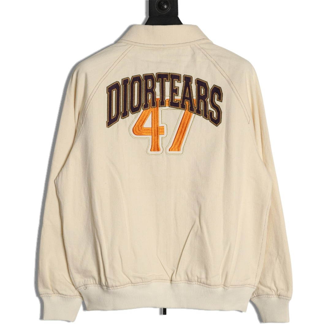 Dior 47 Lettering Collared Zip Varsity Jacket - Cream