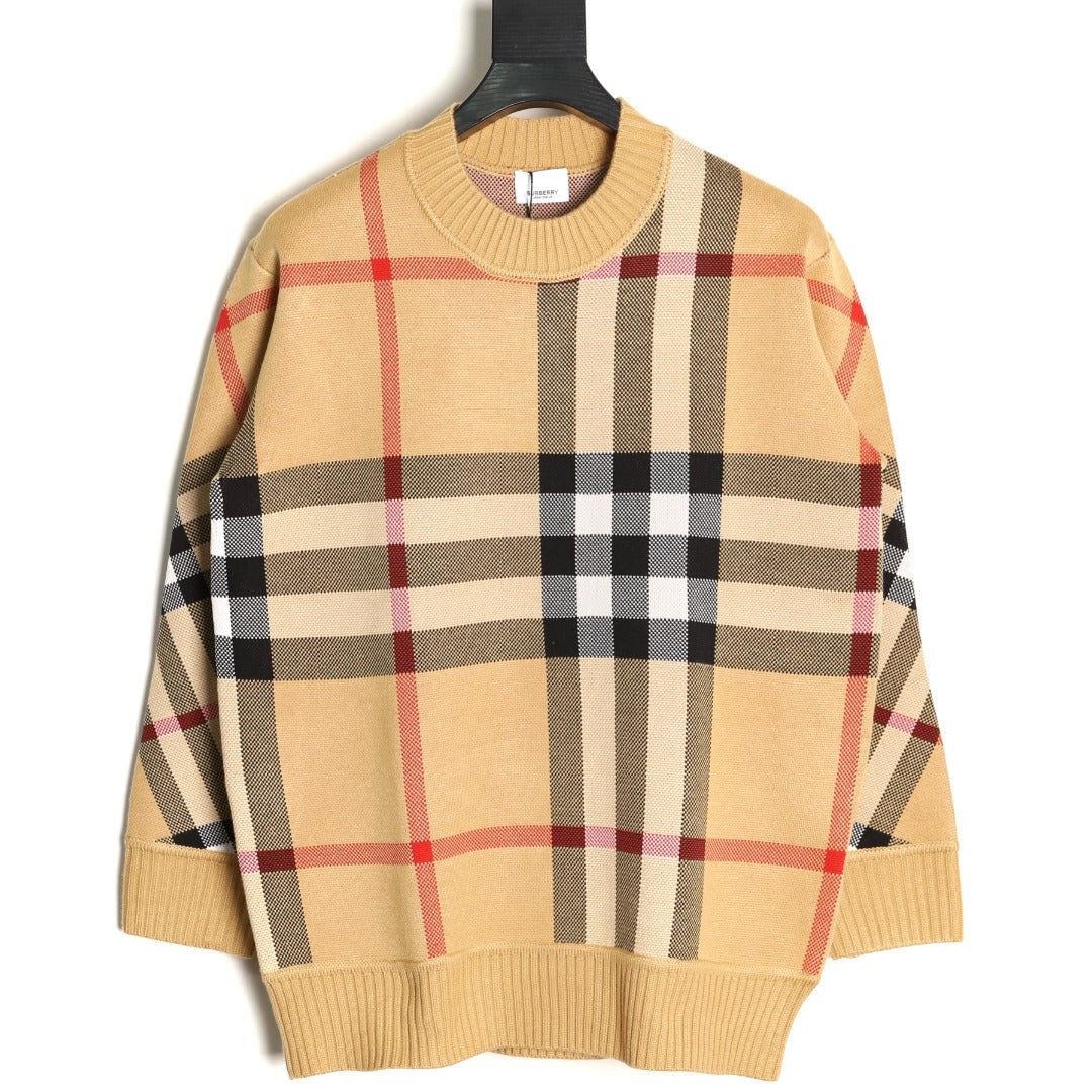 Burberry Oversized-Check Crewneck Knit Sweater - Camel