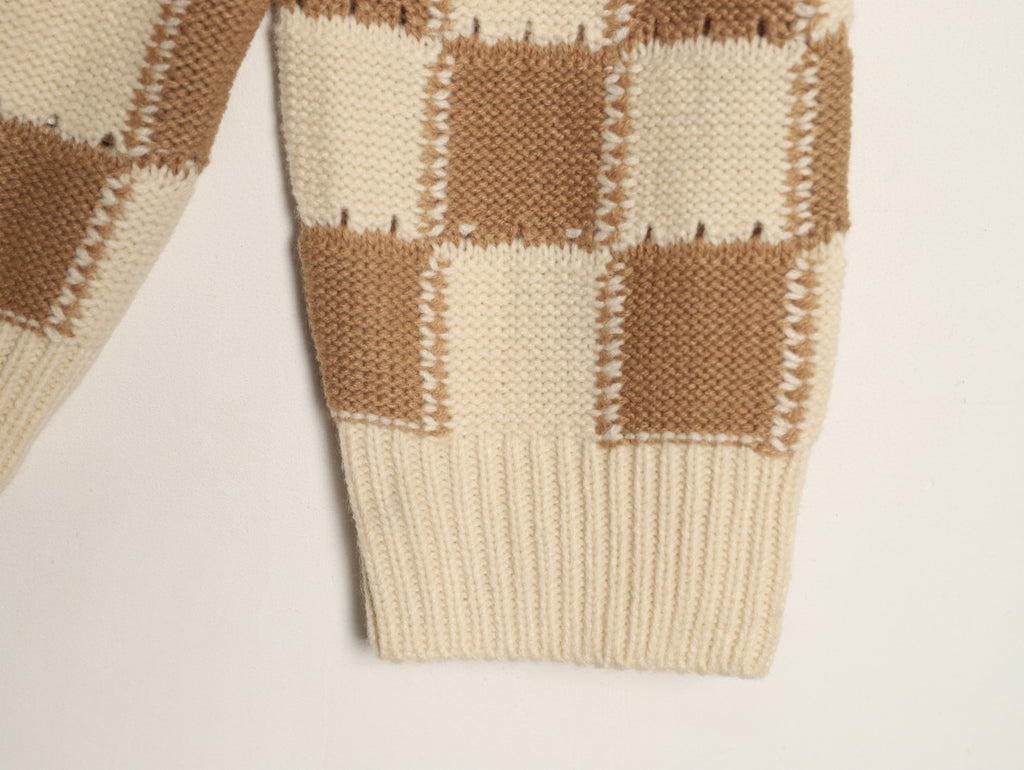 Louis Vuitton Checkerboard Crewneck Knit Cardigan - Khaki and Cream