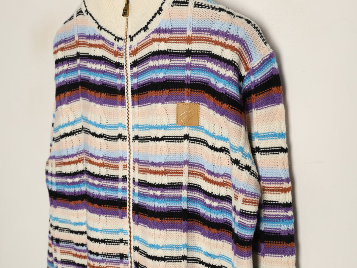 Louis Vuitton Retro Multicolor-Stripe Stand-Collar Zip Knit Cardigan - Cream
