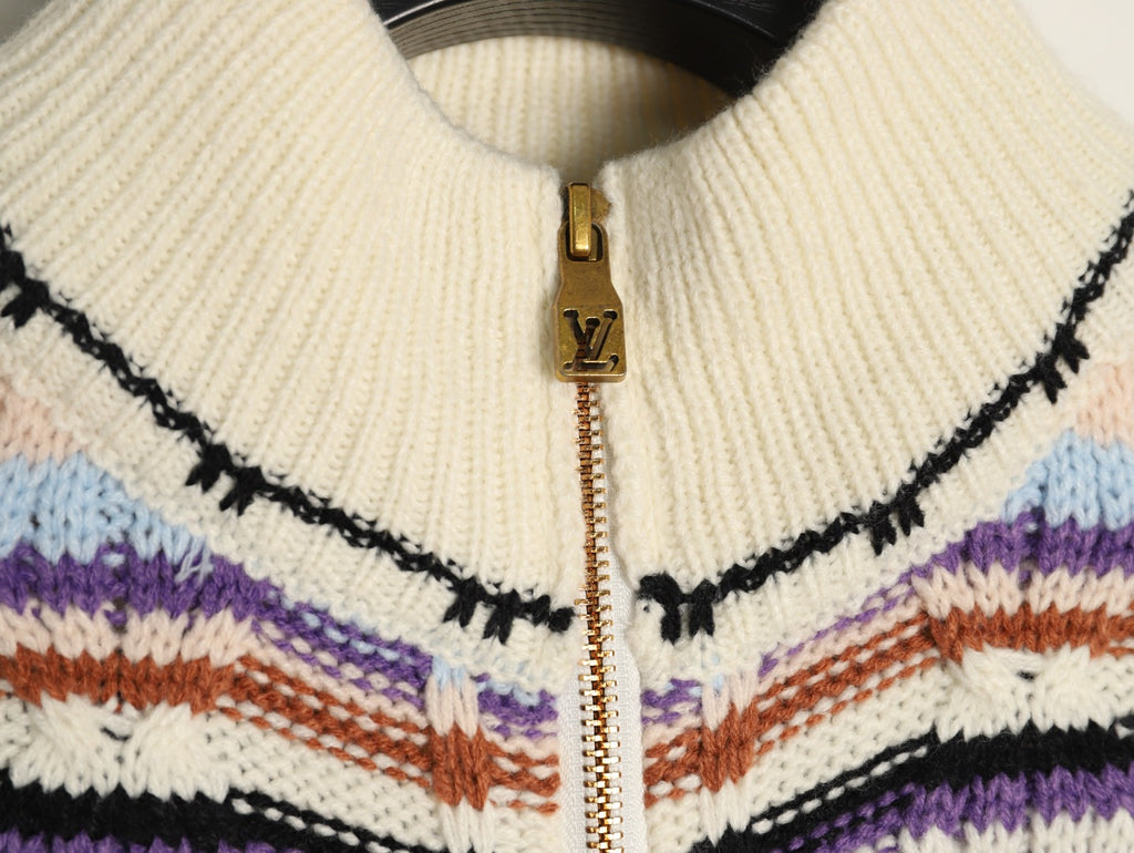 Louis Vuitton Retro Multicolor-Stripe Stand-Collar Zip Knit Cardigan - Cream