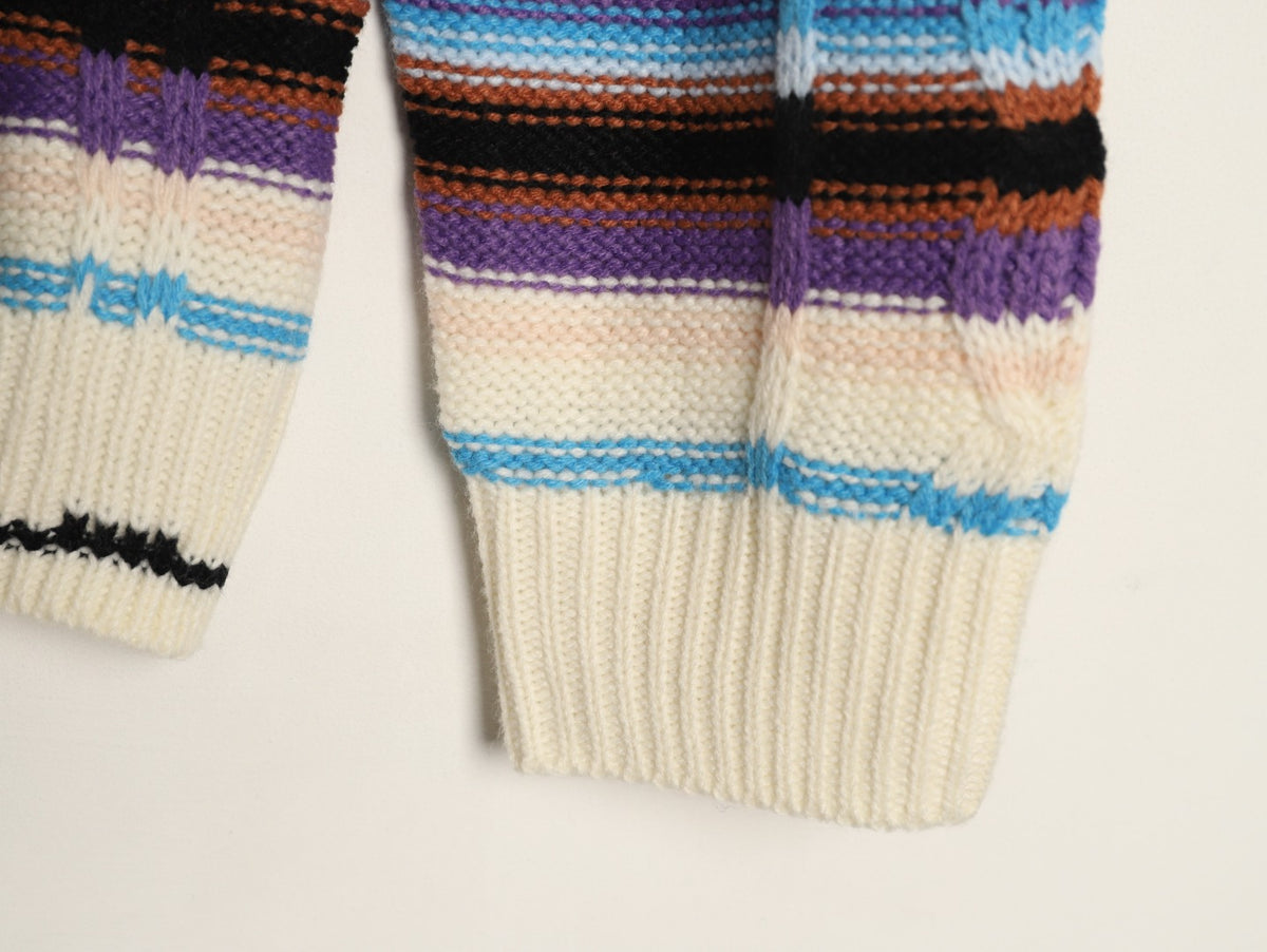 Louis Vuitton Retro Multicolor-Stripe Stand-Collar Zip Knit Cardigan - Cream