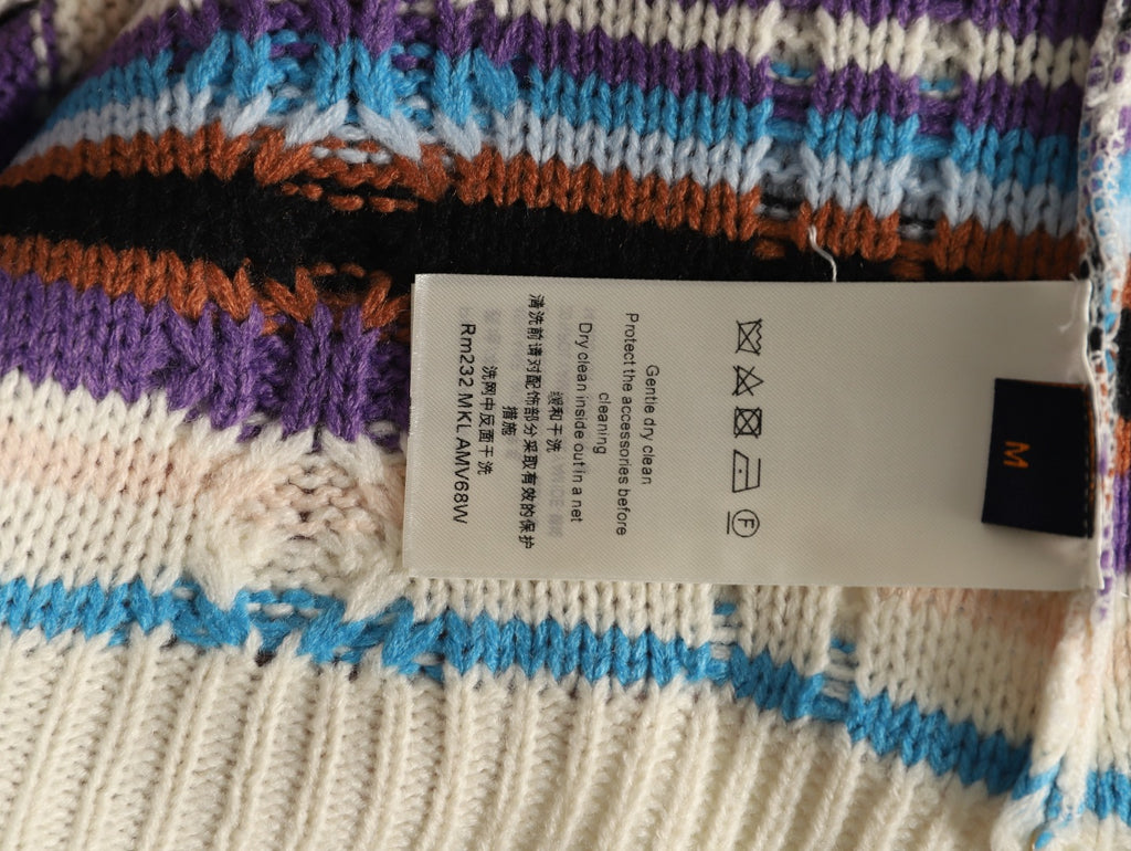 Louis Vuitton Retro Multicolor-Stripe Stand-Collar Zip Knit Cardigan - Cream