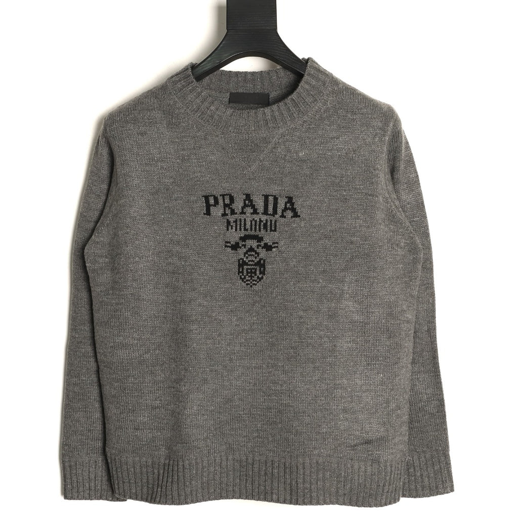 Prada Milano Logo Crewneck Knit Sweater - Gray