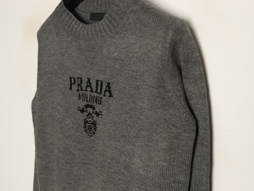 Prada Milano Logo Crewneck Knit Sweater - Gray
