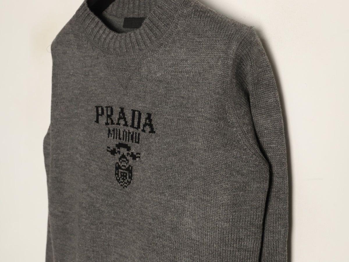 Prada Milano Logo Crewneck Knit Sweater - Gray