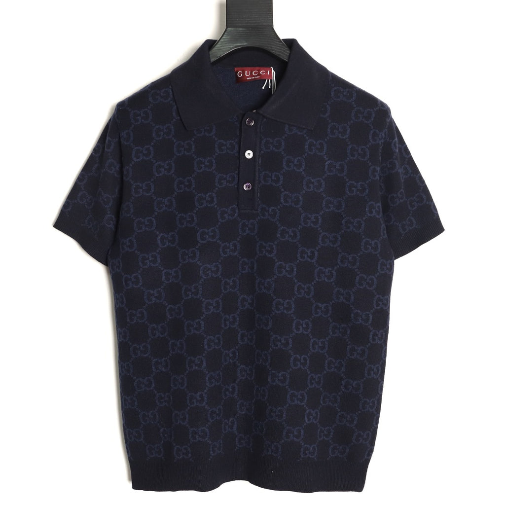 Gucci Tonal Allover-Pattern Short-Sleeve Knit Polo Shirt - Navy